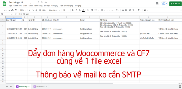 Đồng bộ đơn hàng Woocommerce và Contact Form 7 về Sheet không cần plugin